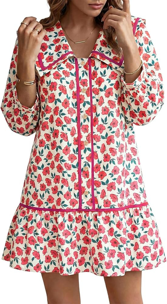 Wenrine Womens Casual Shirt Dresses 3/4 Long Sleeve Floral Button Down Flowy Babydoll Fall Mini D... | Amazon (US)