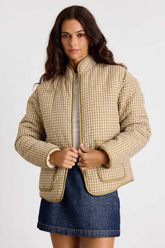 Bundled Perfection Olive Plaid Quilted Puffer Jacket | Lulus