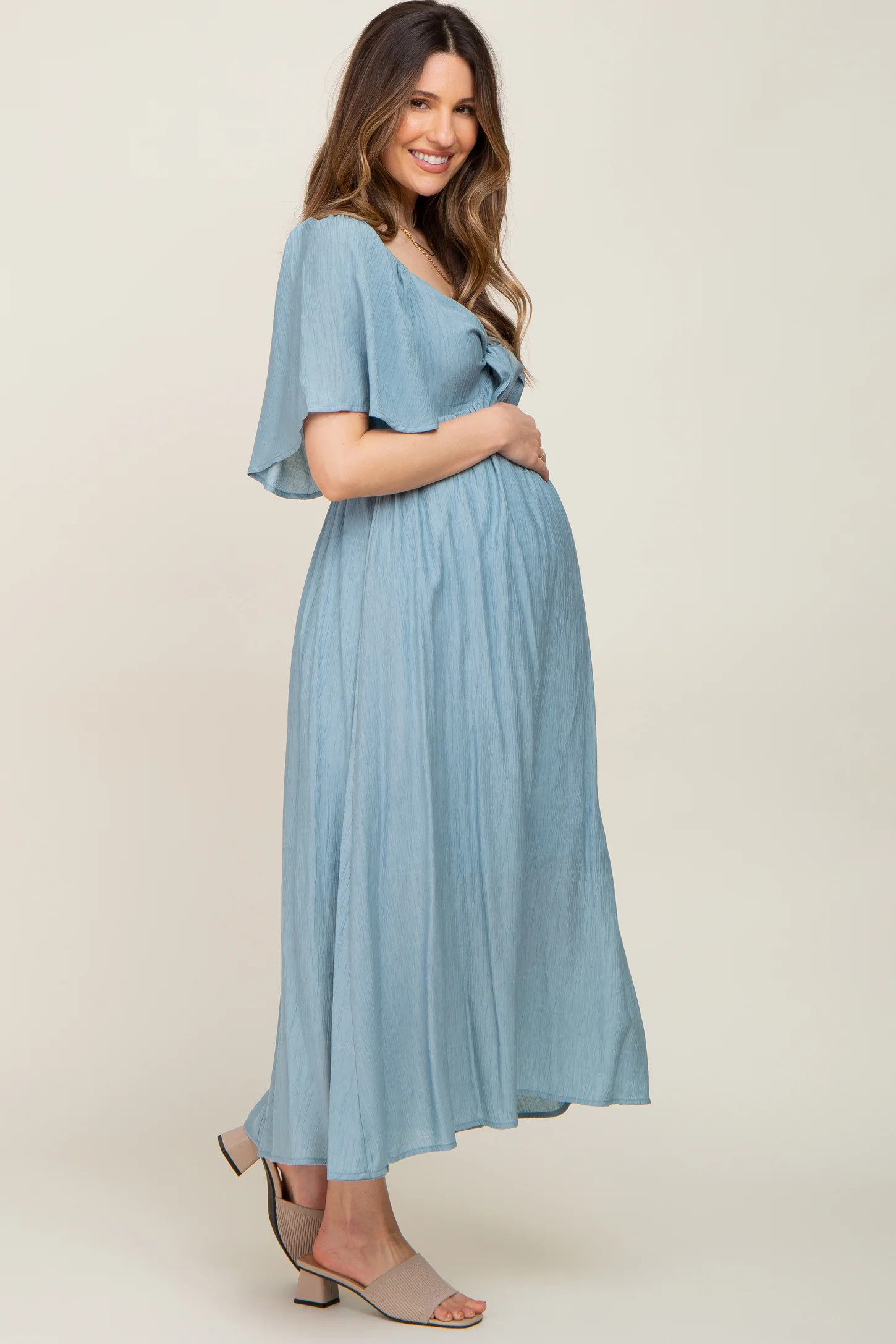 Blue Front Tie Ruffle Sleeve Maternity Midi Dress | PinkBlush Maternity