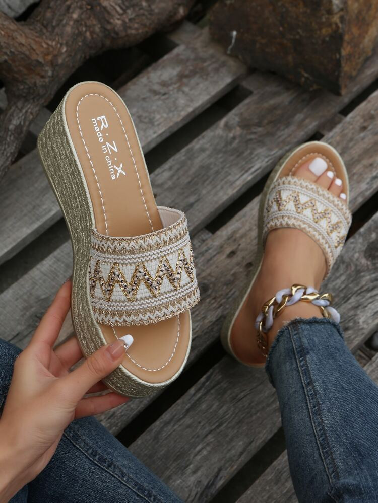 Women Weave Detail Espadrille Sandals, Vacation Fabric Wedge Slide Sandals | SHEIN