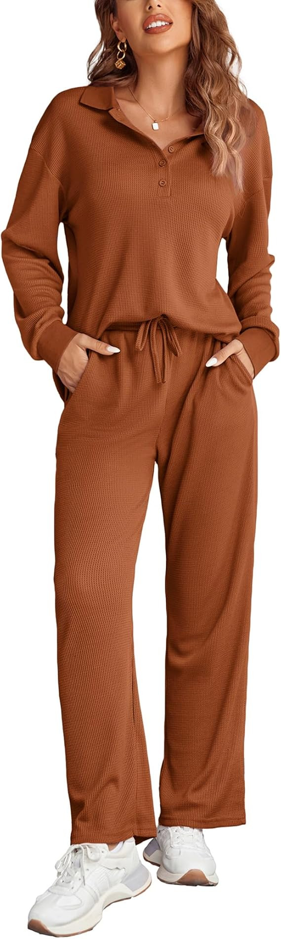 Ekouaer Womens 2 Piece Matching Lounge Sets Fall Outfits 2025 Sweatsuit Waffle Knit Pajamas Sets ... | Amazon (US)