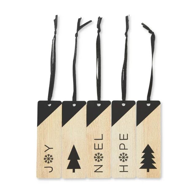 Mini Black & Natural Wood Word Tag Christmas Ornaments, 0.06 lb, 5 Count, by Holiday Time | Walmart (US)