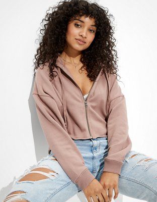 AE Fleece Cropped Zip Up Hoodie | American Eagle Outfitters (US & CA)