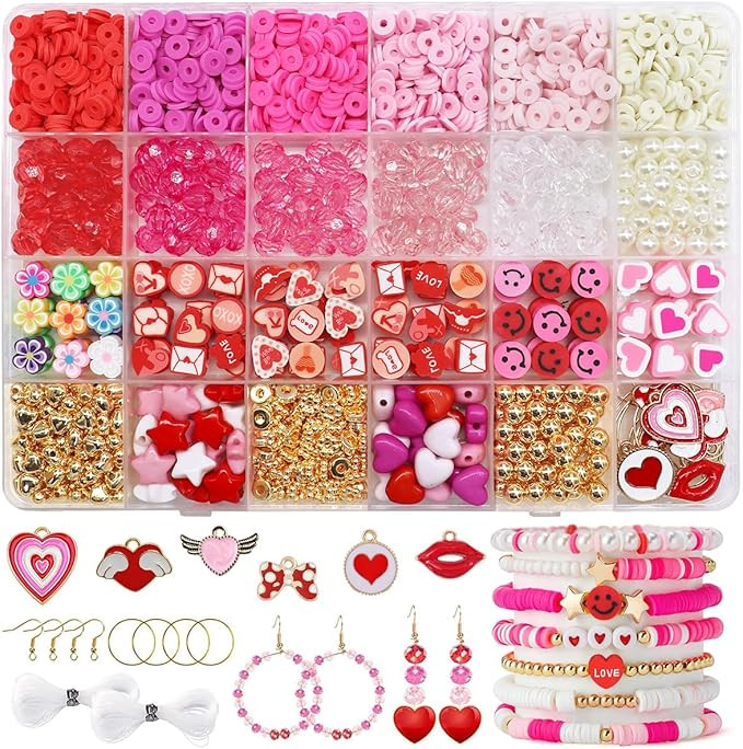 Valentine's Day Beads for Bracelet Making Kit, Love Pink Red Rose Clay Beads Crystal Pearl Gold B... | Amazon (US)