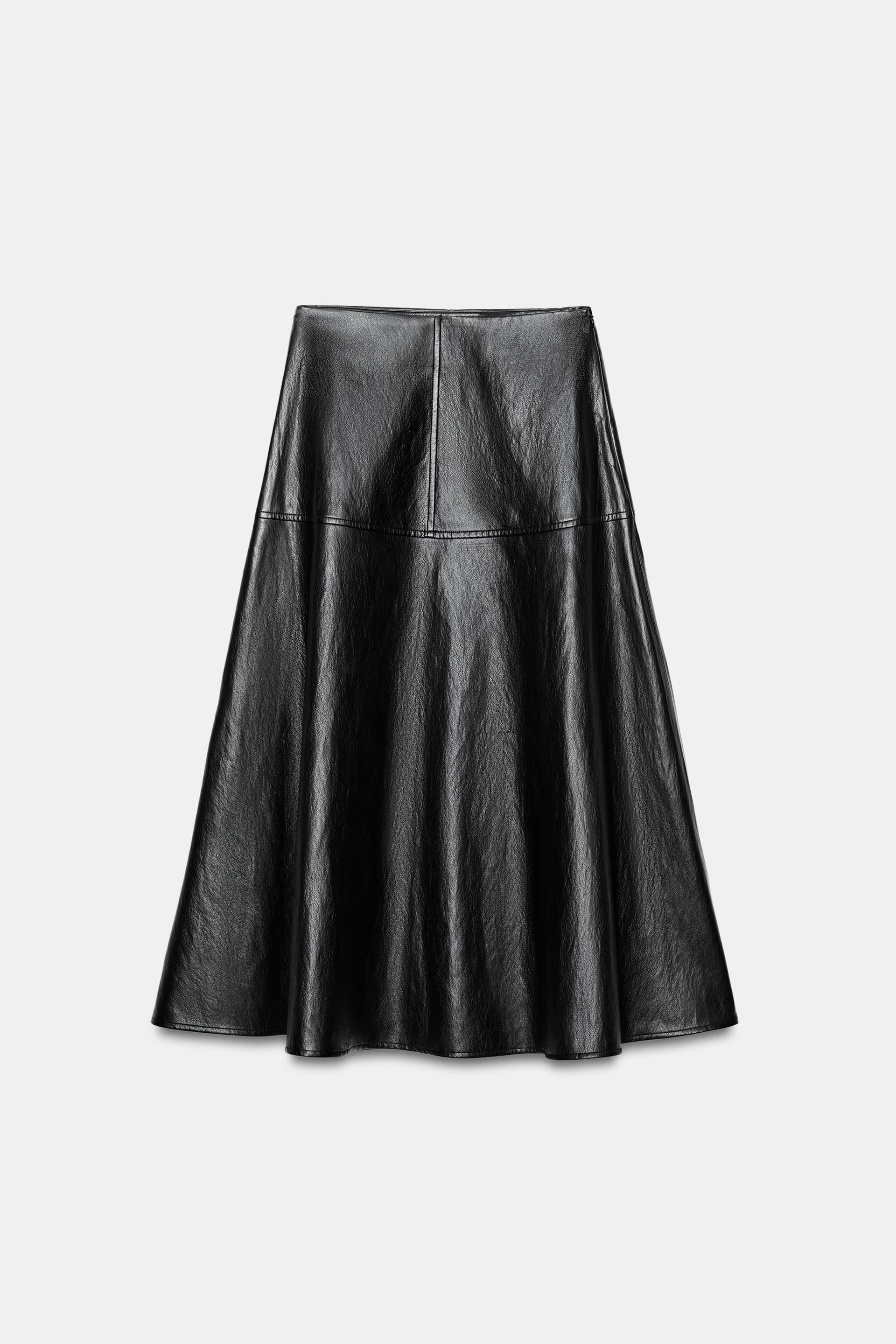 Zara - Faux Leather-Effect Midi A-Line Skirt - Burgundy - M - Woman | Zara US