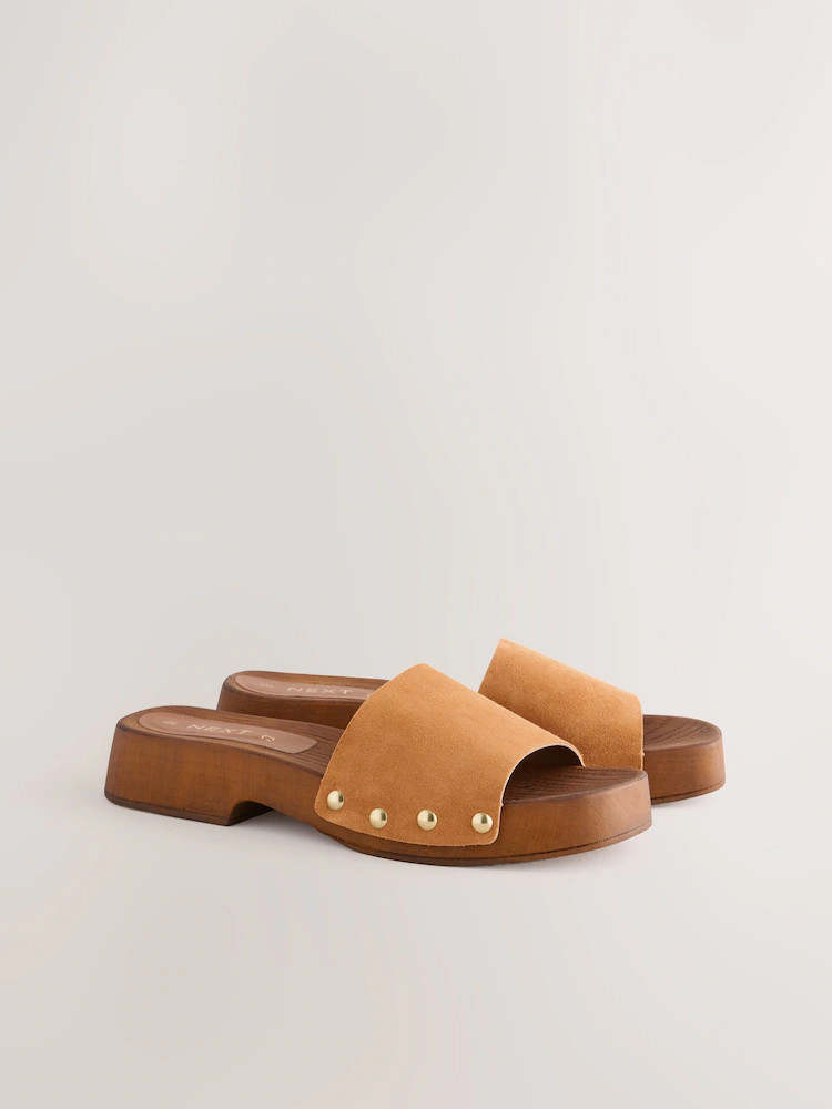 Tan Brown Suede Open Toe Studded Clog Mule Sandals | Next AU