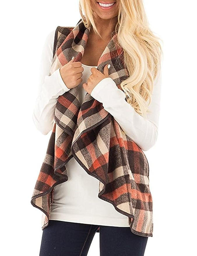 Yanekop Womens Sleeveless Open Front Hem Plaid Vest Cardigan Jacket with Pockets | Amazon (US)