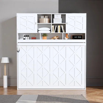 Queen Size Wall Murphy Bed With Ample Storage Space And Diamond Stripes | Wayfair North America