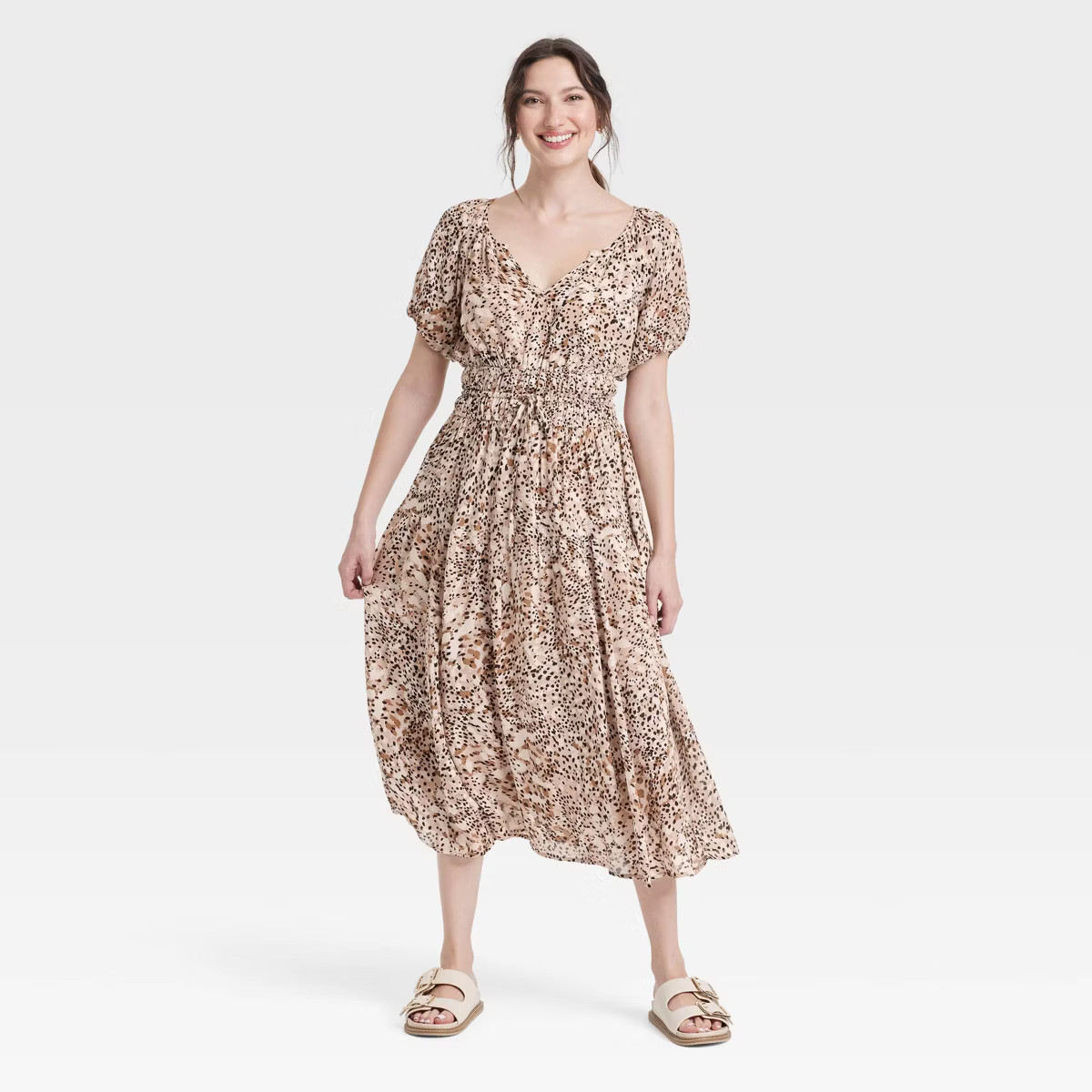 Women's Puff Short Sleeve Drop Tiered Midi A-Line Dress - Universal Thread™ | Target