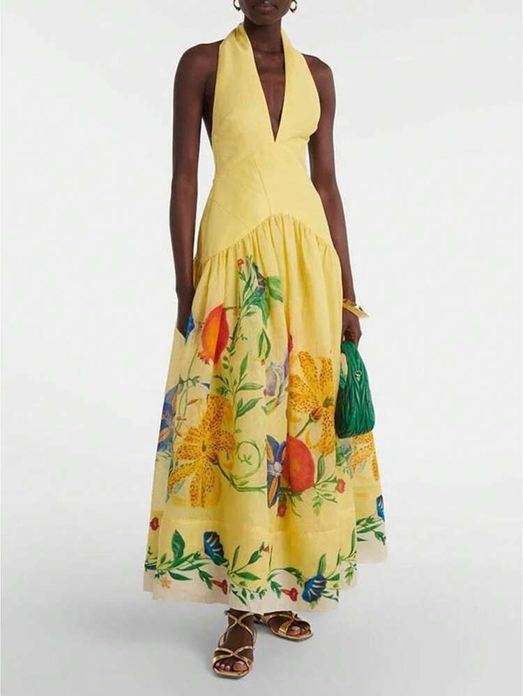 Tailored, Boho, Office, Vintage, Regular, Elegant, Formal. Spring. Casual, Vacation. Yellow Sundress For Brunch | SHEIN