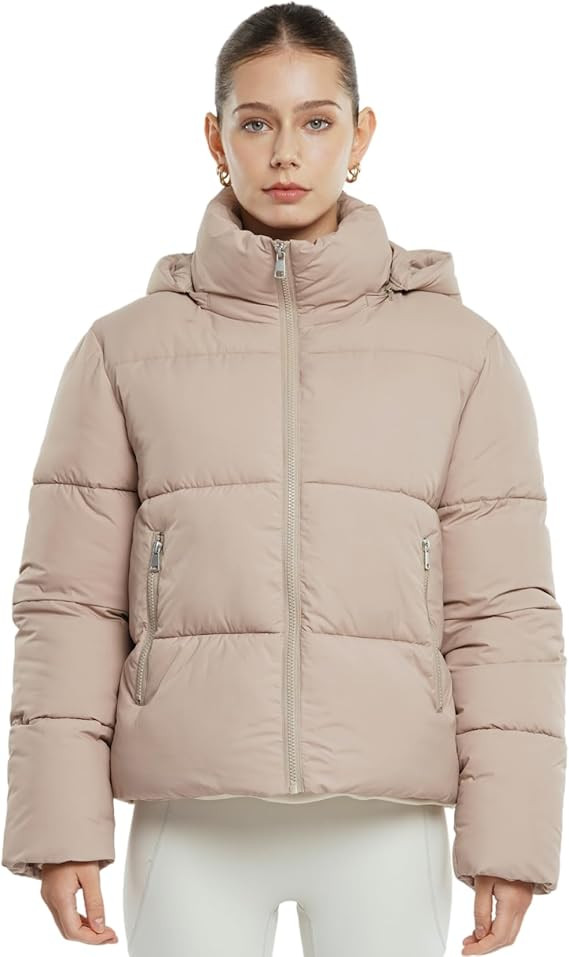 Women's Cropped Puffer Jackets,Warm Winter Jacket with Removable Hood,Zipped Pockets,Short Ladies... | Amazon (US)