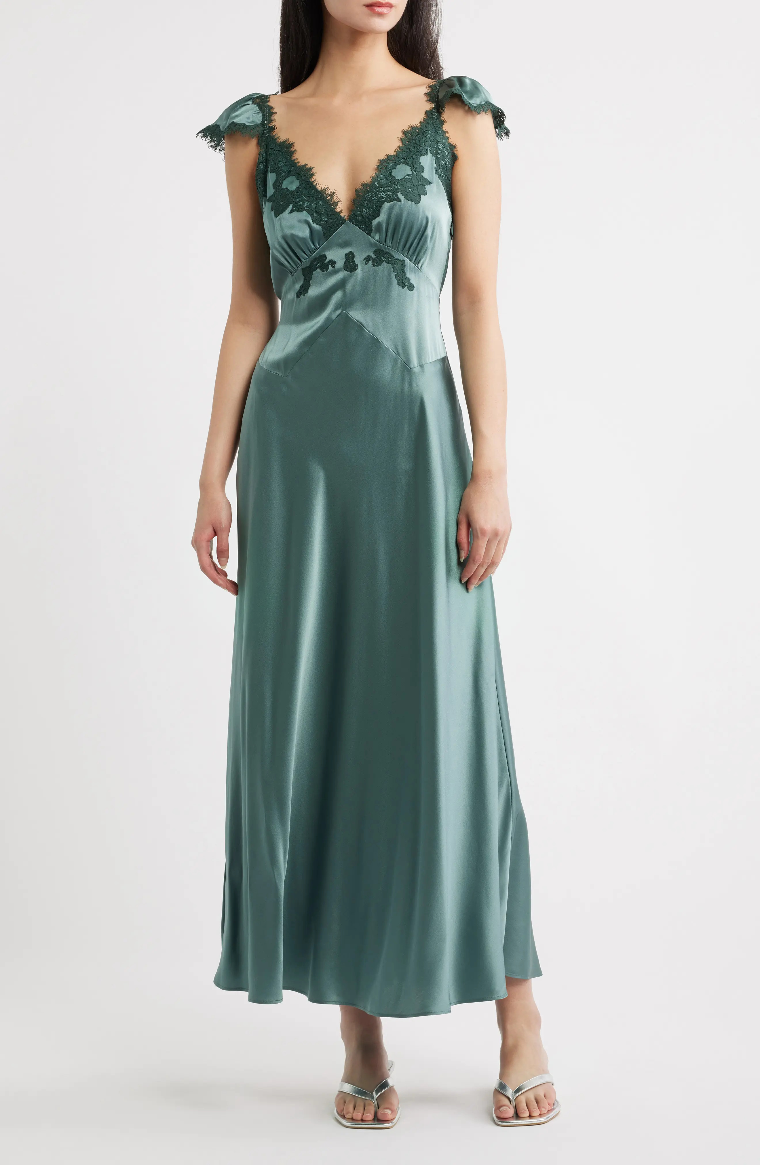 DÔEN Fiona Lace Trim Silk Blend Maxi Dress in Tangerine at Nordstrom, Size X-Large | Nordstrom