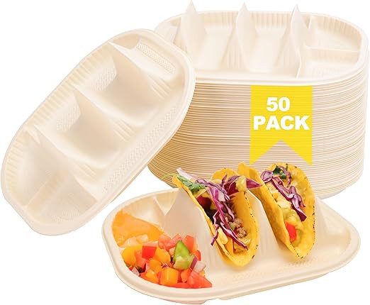 50 Pcs Small Disposable Taco Plates for Party, Cornstarch Taco Holders with 2 Dipping Areas, Hold... | Amazon (US)