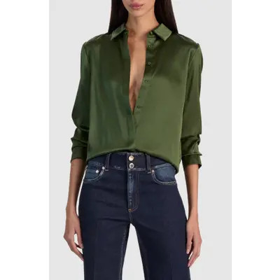 ALICE + OLIVIA Brady Slim Fit Stretch Silk Button-Up Shirt in Dark Fern at Nordstrom, Size X-Large | Nordstrom