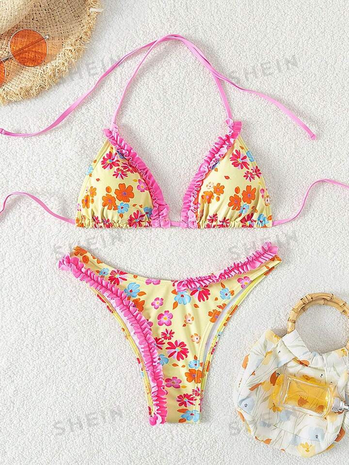 SHEIN Swim Mod Summer Beach Small Floral Print Ruffled Swimsuit Set With Separated Top And Bottom... | SHEIN