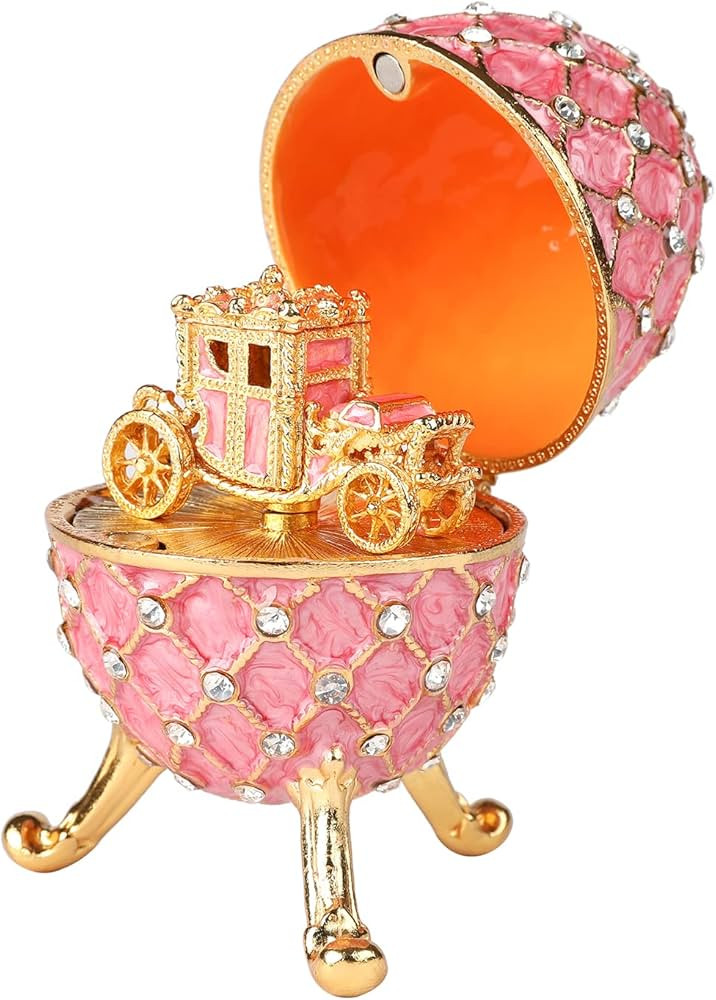 QIFU Vintage Pink Faberge Egg Style Enameled Trinket Box Hinged with Mini Royal Carriage | Amazon (US)
