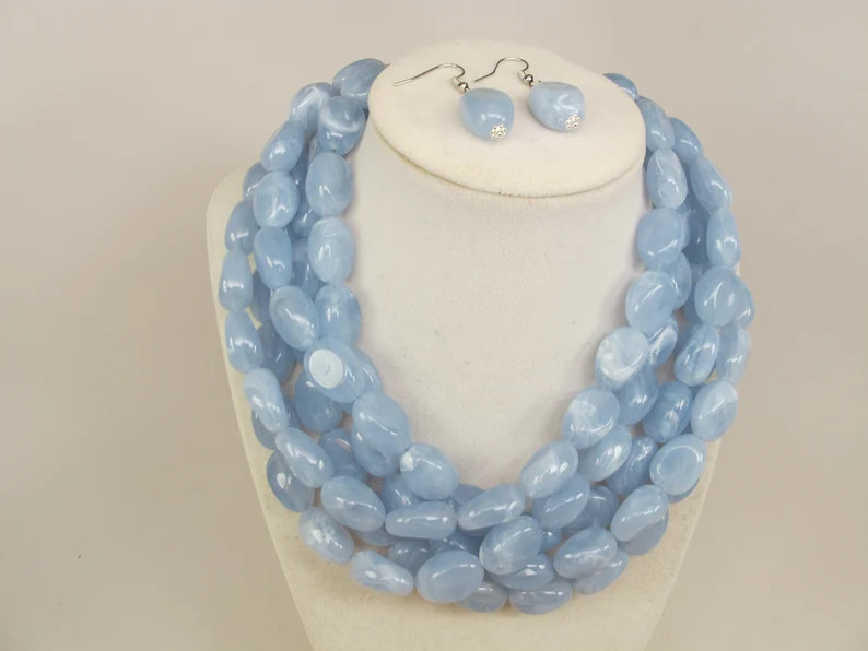 Chunky Pastel Blue Necklace, Multi Strand Statement Powder Blue Necklace Light Blue Beaded Neckla... | Etsy (US)