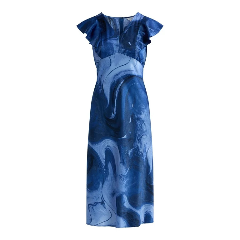 Time and Tru Women's Plus Silky Satin Midi Dress with Flutter Sleeves, Sizes XS-4X | Walmart (US)