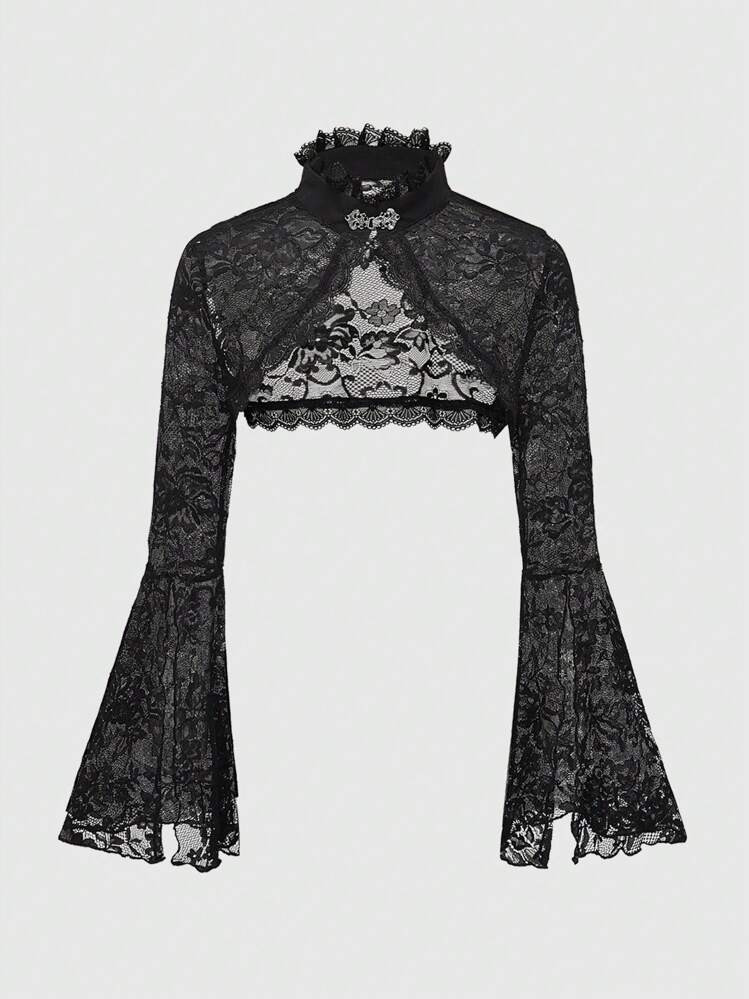 ROMWE Goth Gothic Style Bell Sleeve Lace Open Front Fashion Top | SHEIN