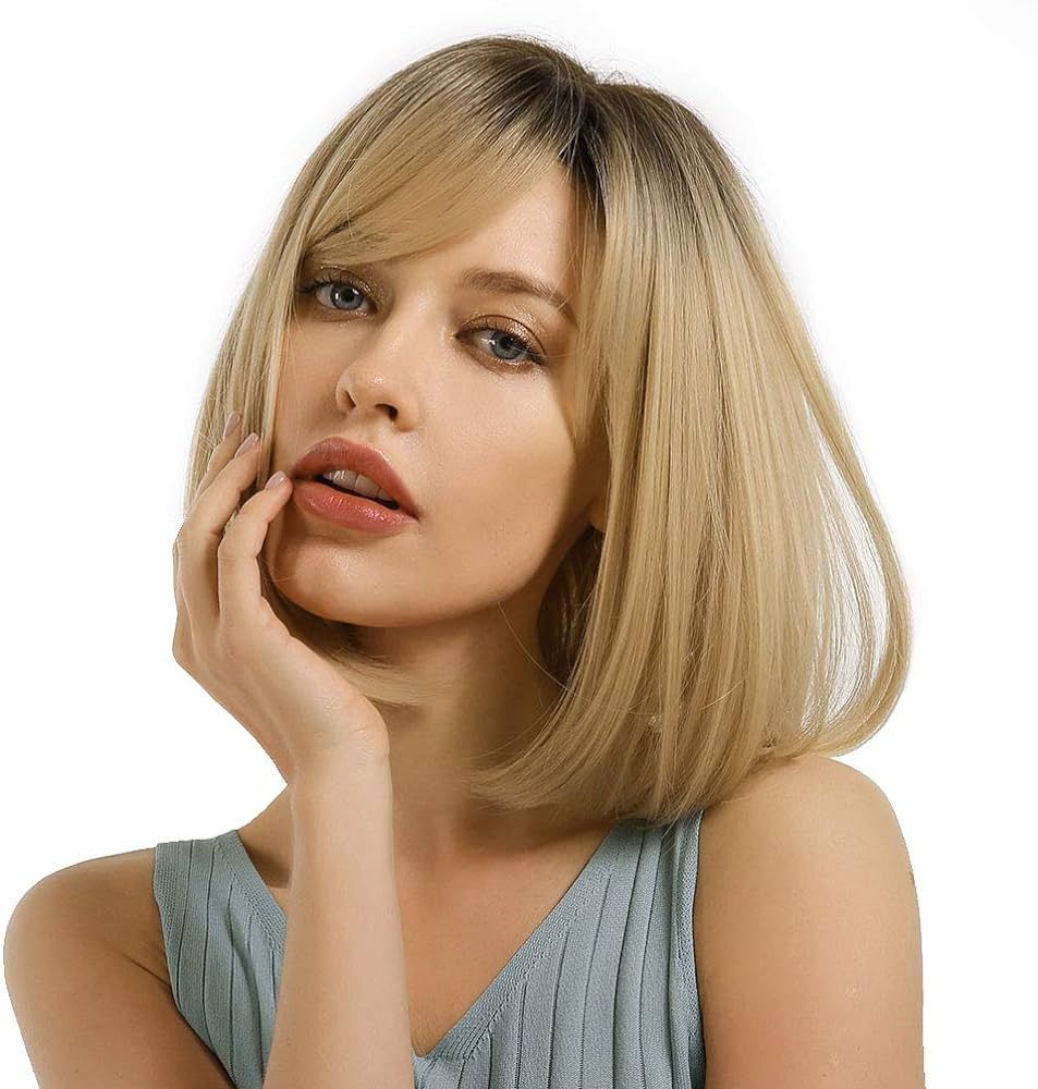 MORICA Blonde Bob Wig with Bangs Short Hair Wigs for Women Ombre Blonde Wig Straight Bob Wig Synt... | Amazon (US)
