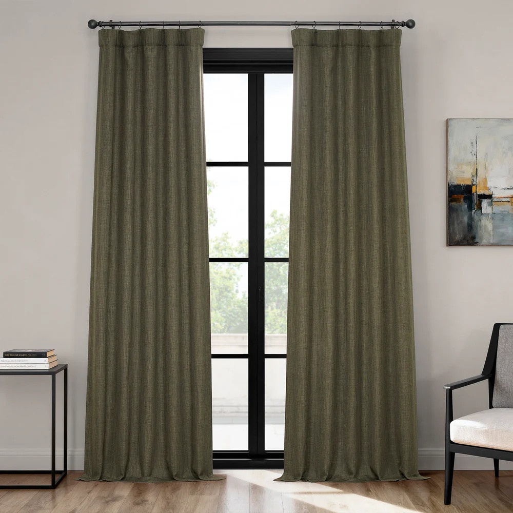 Khaki Green Textured Faux Linen Custom Curtain | Half Price Drapes