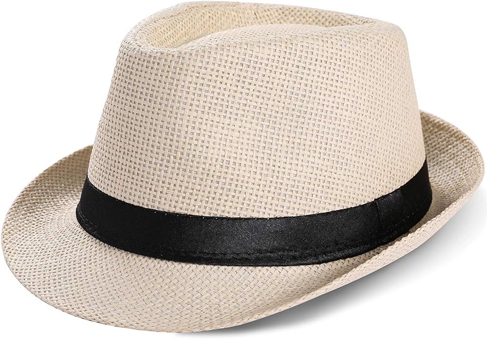 BABEYOND Straw Fedora Hat for Men Panama Trilby Hat Short Brim Summer Sun Hat | Amazon (US)