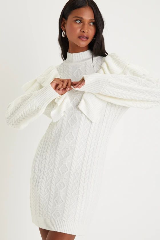 Exceptional Cutie White Cable Knit Ruffled Mini Sweater Dress | Lulus (US)