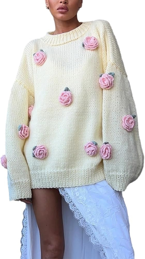 PDLCVD Womens Oversized Sweaters White Handmade Crochet Decal 3D Rose Fall Sweaters for Women Des... | Amazon (US)