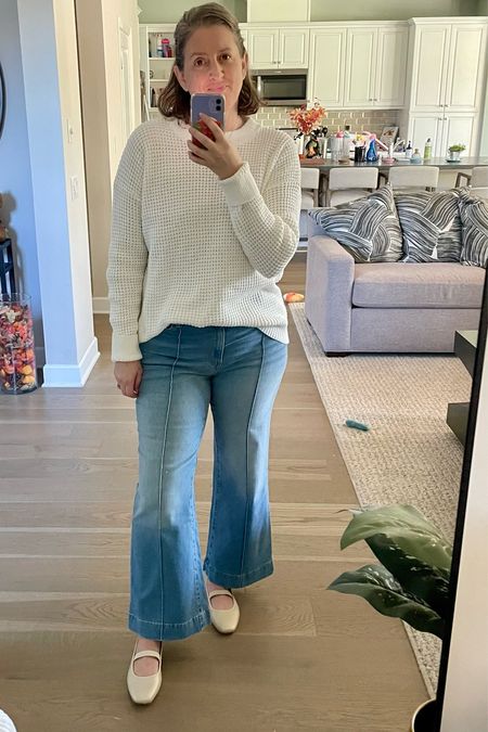 This sweater is a good basic to have in your closet, great for cold weather. I sized up to a large for a more oversized fit. 

Love these jeans so much, from the seam detailing down the front, the wide legs to how good they make my booty look. Wearing my usual size 10.



#LTKover40 #LTKshoecrush #LTKfindsunder50