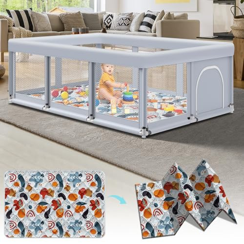 Fshibila 74" ×50" Large Baby Playpen, Baby Playard for Babies and Toddlers, Play Pens for Indoor & Outdoor, Sturdy Safety Play Yard with Soft Breathable Mesh, Anti-Fall, Grey (with MAT) | Amazon (US)