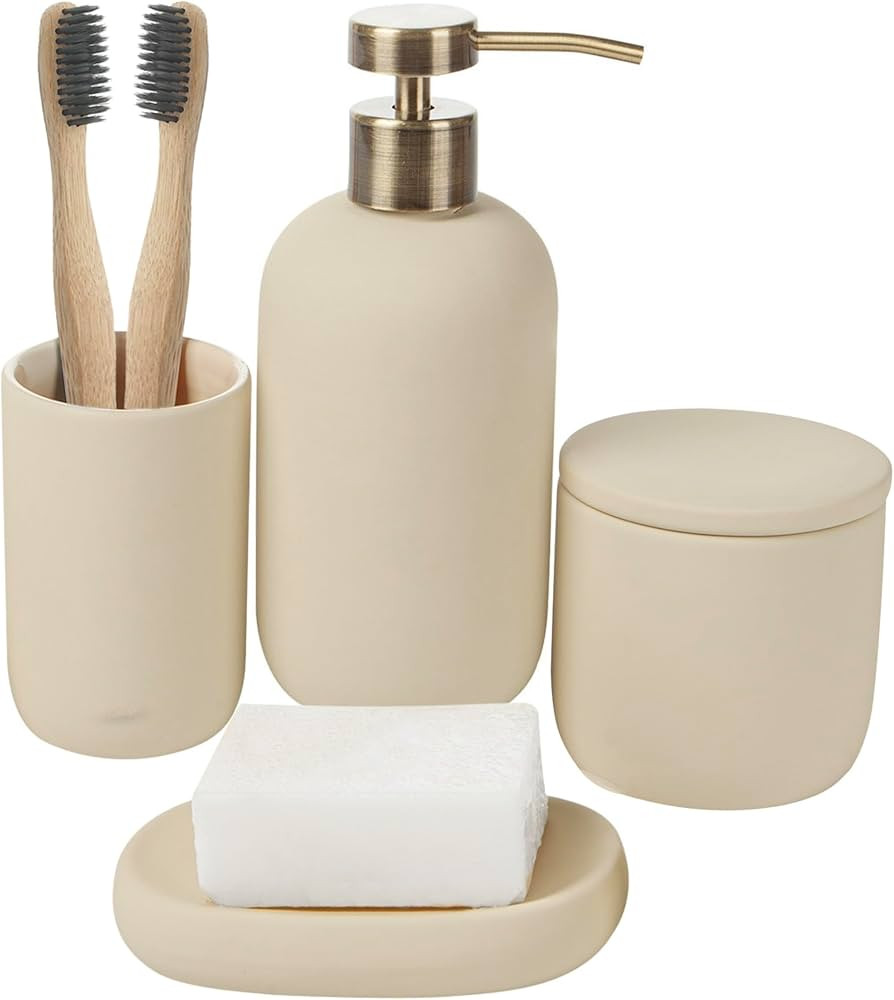 Beige Ceramic Bathroom Accessory Set 4 Pcs - Modern Neutral Bathroom Decor - Soap Dispenser Tooth... | Amazon (US)