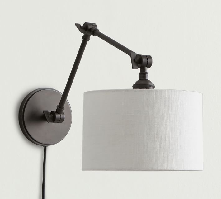 Articulating Arm Linen Drum Shade Plug-In Sconce | Pottery Barn (US)