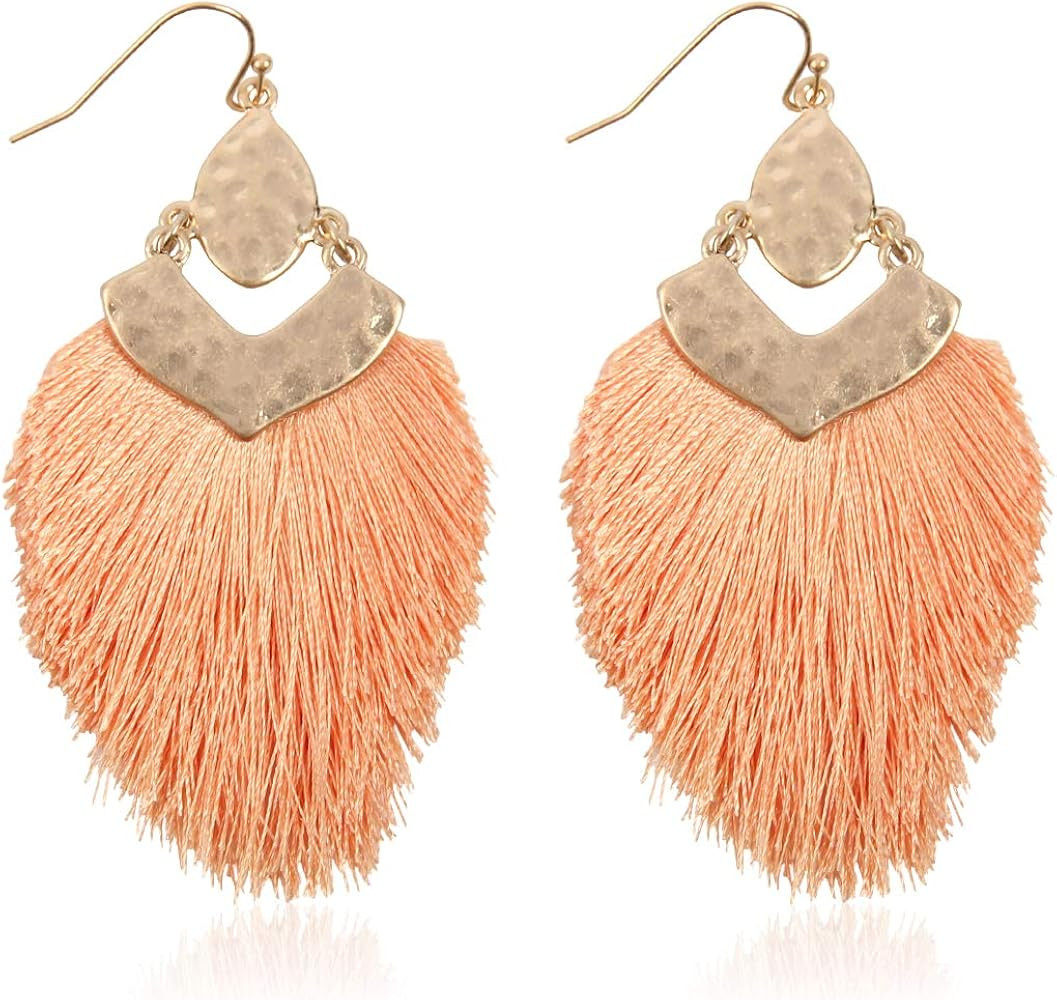 Bohemian Silky Thread Fan Fringe Tassel Statement Earrings - Lightweight Strand Feather Shape Dan... | Amazon (US)