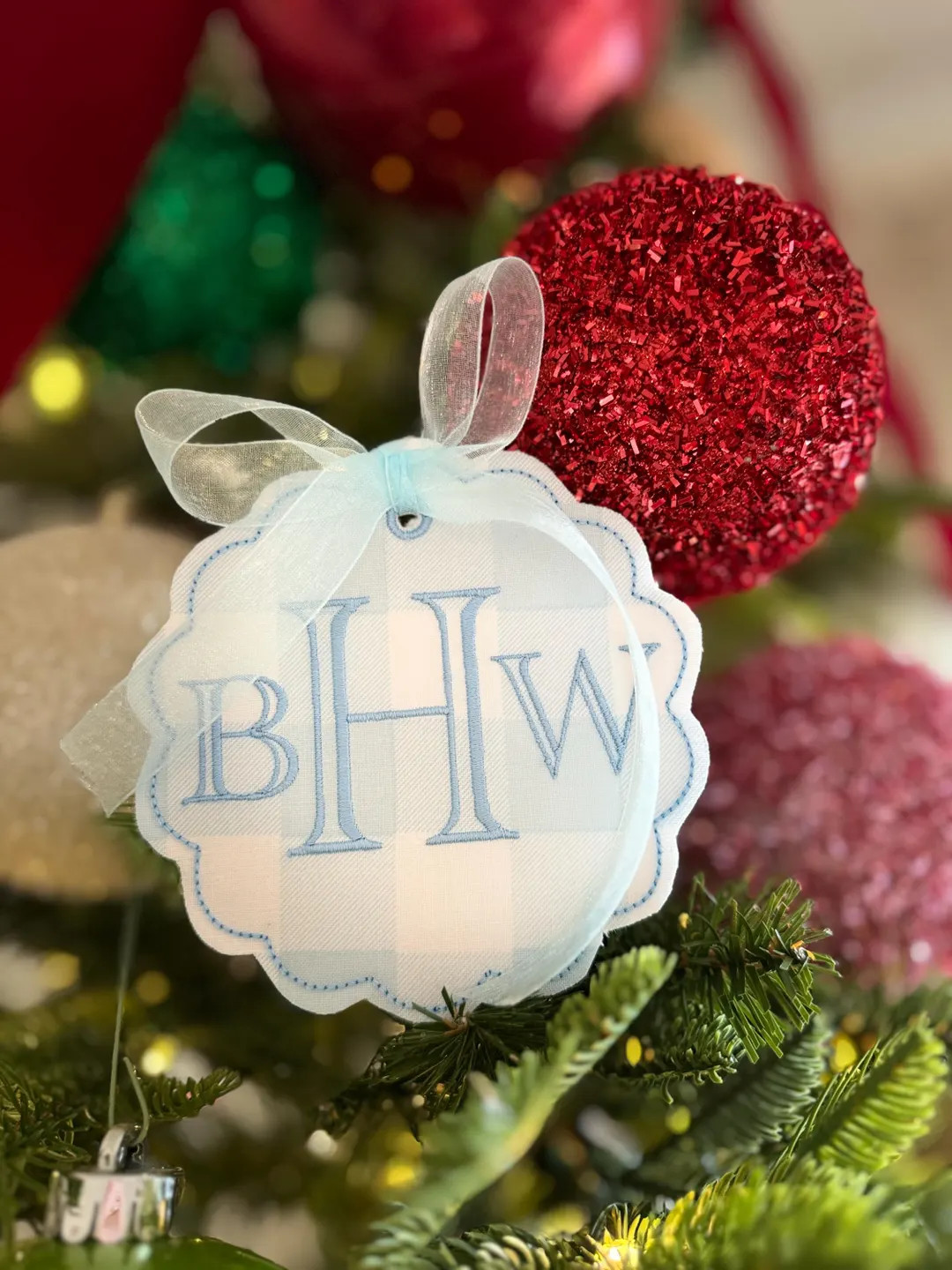 Embroidered Monogram Gingham Christmas Ornament Personalized Baby Boy - Etsy | Etsy (US)