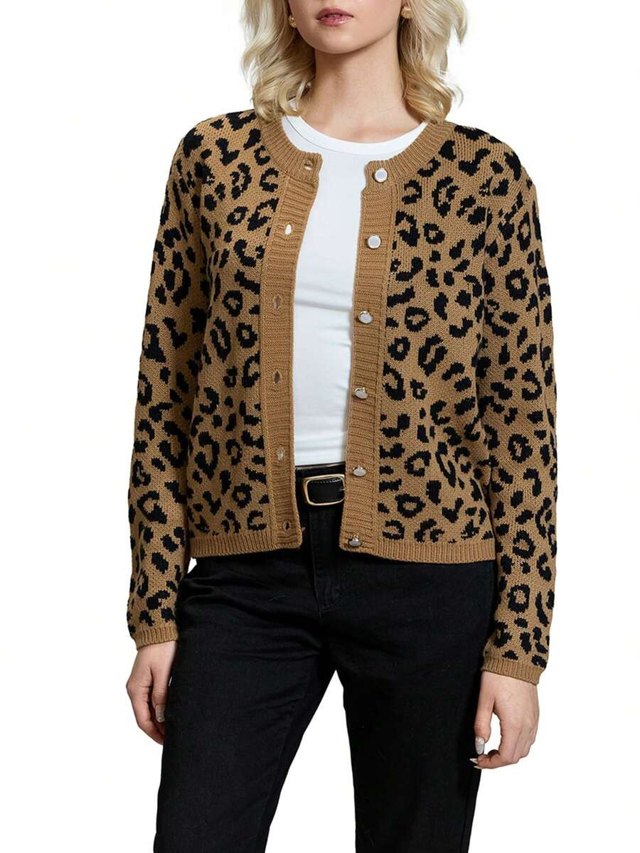 Leopard Print Cardigan Women's Cheetah Cardigan Sweater Tie Button Knit Fall Clothing Long Sleeve... | SHEIN