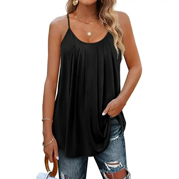 Petmoko Summer Beach Tank Tops for Women Pleated Adjustable Strap Camisole Loose Fit Casual Sleev... | Walmart (US)