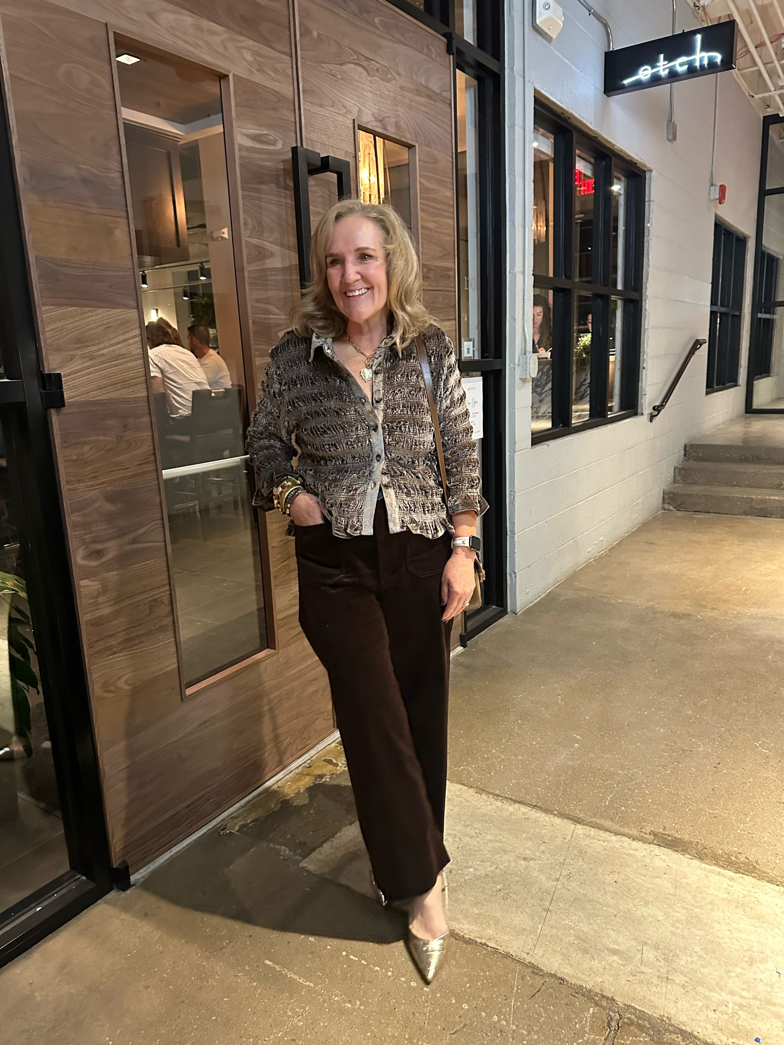 Yummie dinner tonight! We needed a date night! 

Velvet ruched top. I sized up bc I didn’t want it tight. 

Velvet Colette pants. Size 30. True to size. If you want a tighter fit, get regular size. 

Gold slingbacks are such a fun shoe! Tts 

20% off Allie + Bess bracelets code NANETTE20 I combined two stacks. 

Fall outfit Anthropologie Thanksgiving outfit 

#LTKOver40 #LTKSeasonal #LTKMidsize