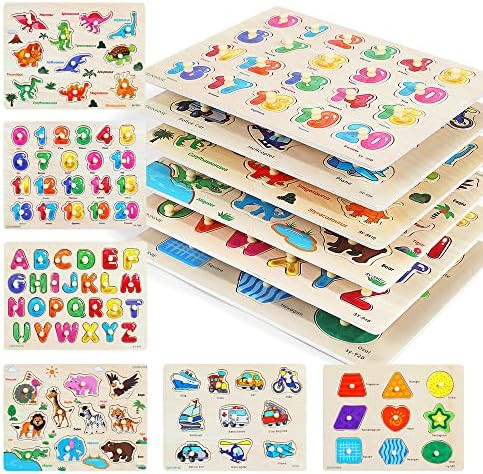 GRINNNIE Wooden Peg Puzzle for Toddlers, 6 Pack Toddler Puzzles Set for 3 4 5 Years Old (Alphabet... | Amazon (US)