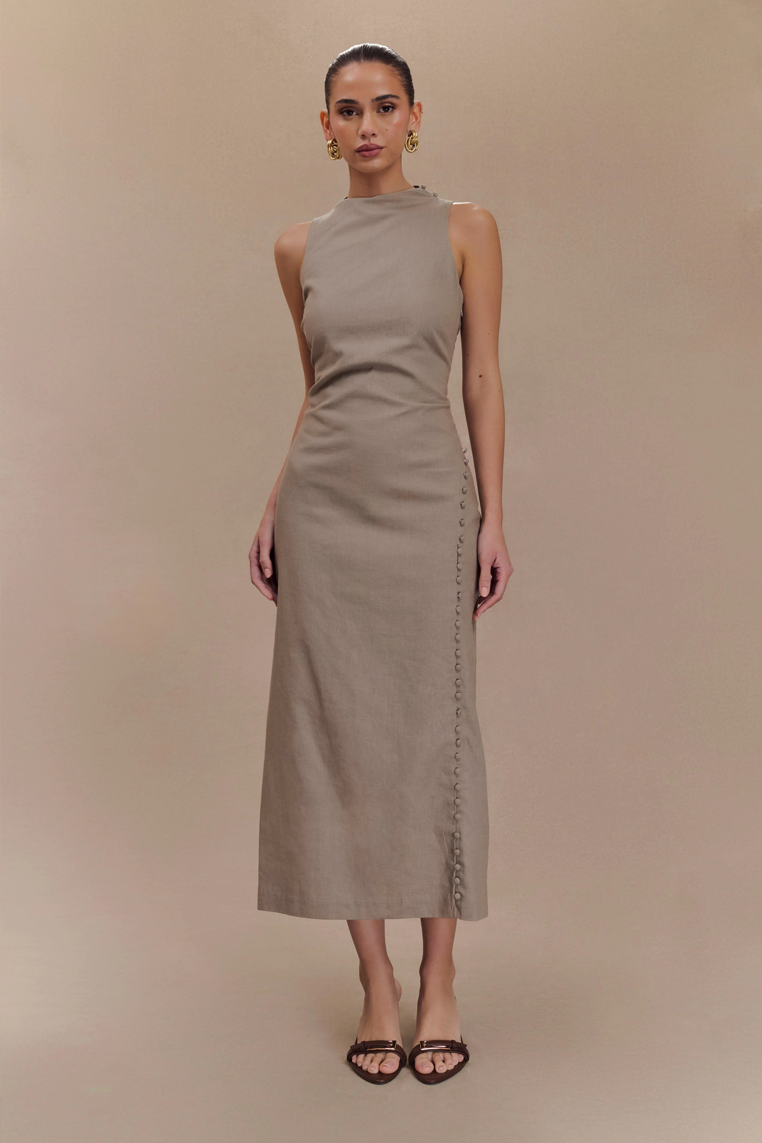 Linen Button Midi Dress - Pebble | MESHKI US
