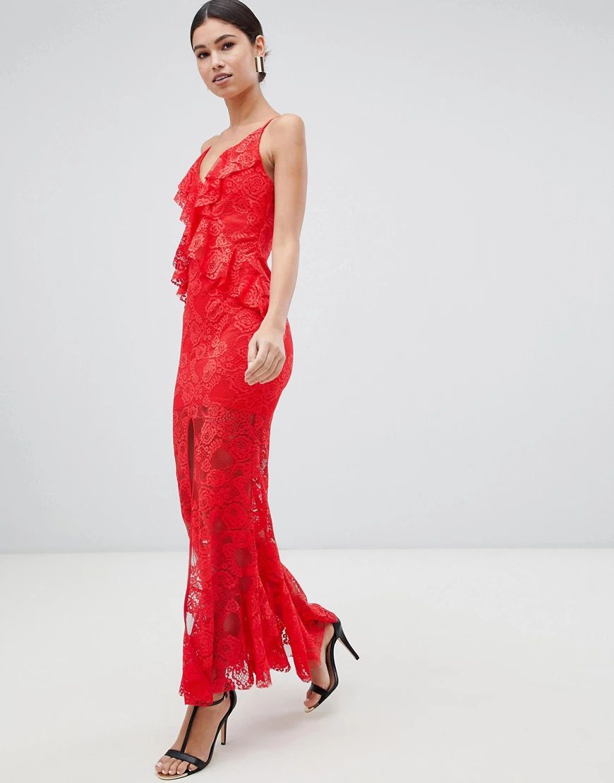 Love Triangle ruffle lace maxi dress with cross back in red | ASOS (Global)