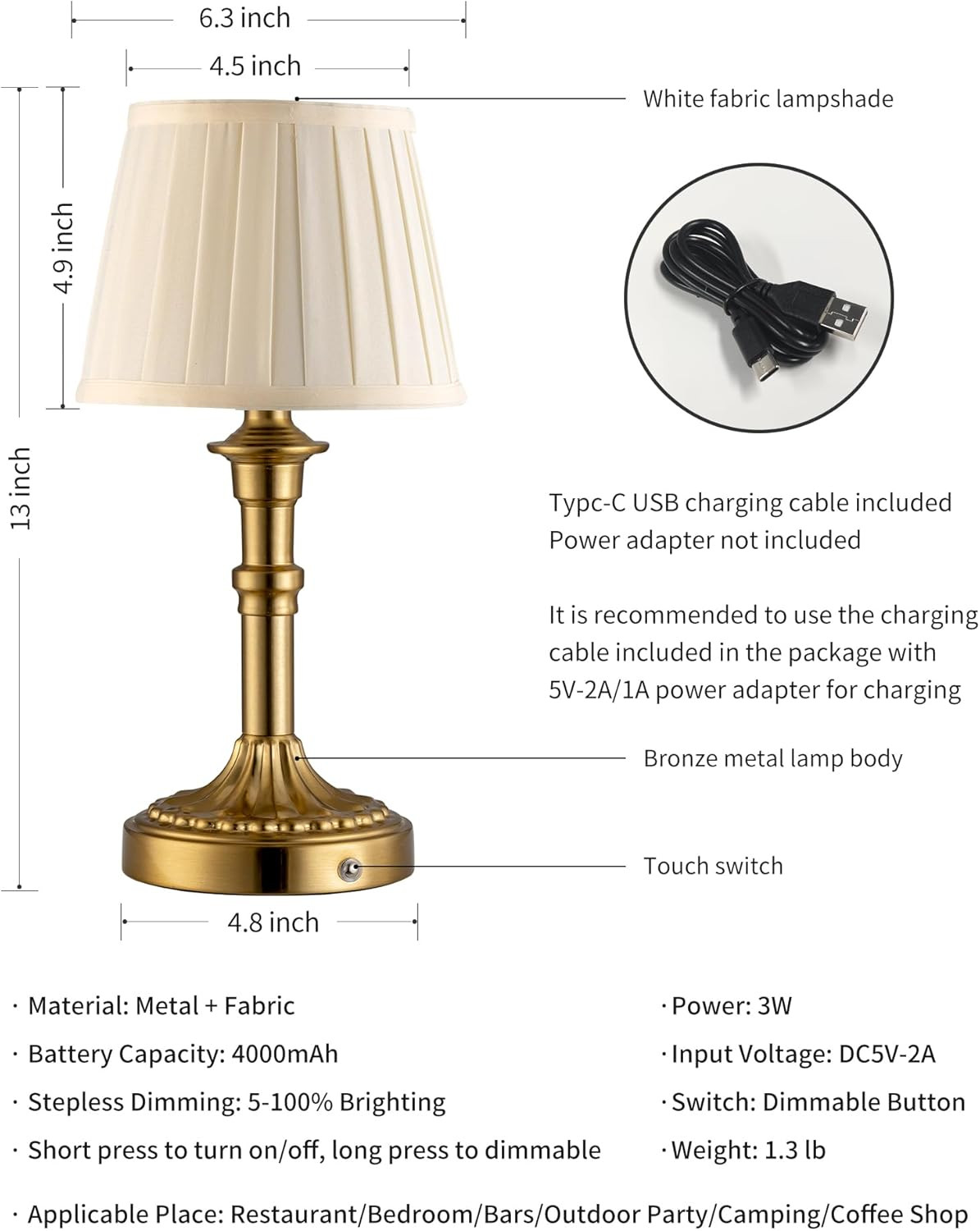 KDG Cordless Portables Table Lamp, LED Fabric Shade Small Desk Lamps, 4000mAh Battery Powered Lig... | Amazon (US)