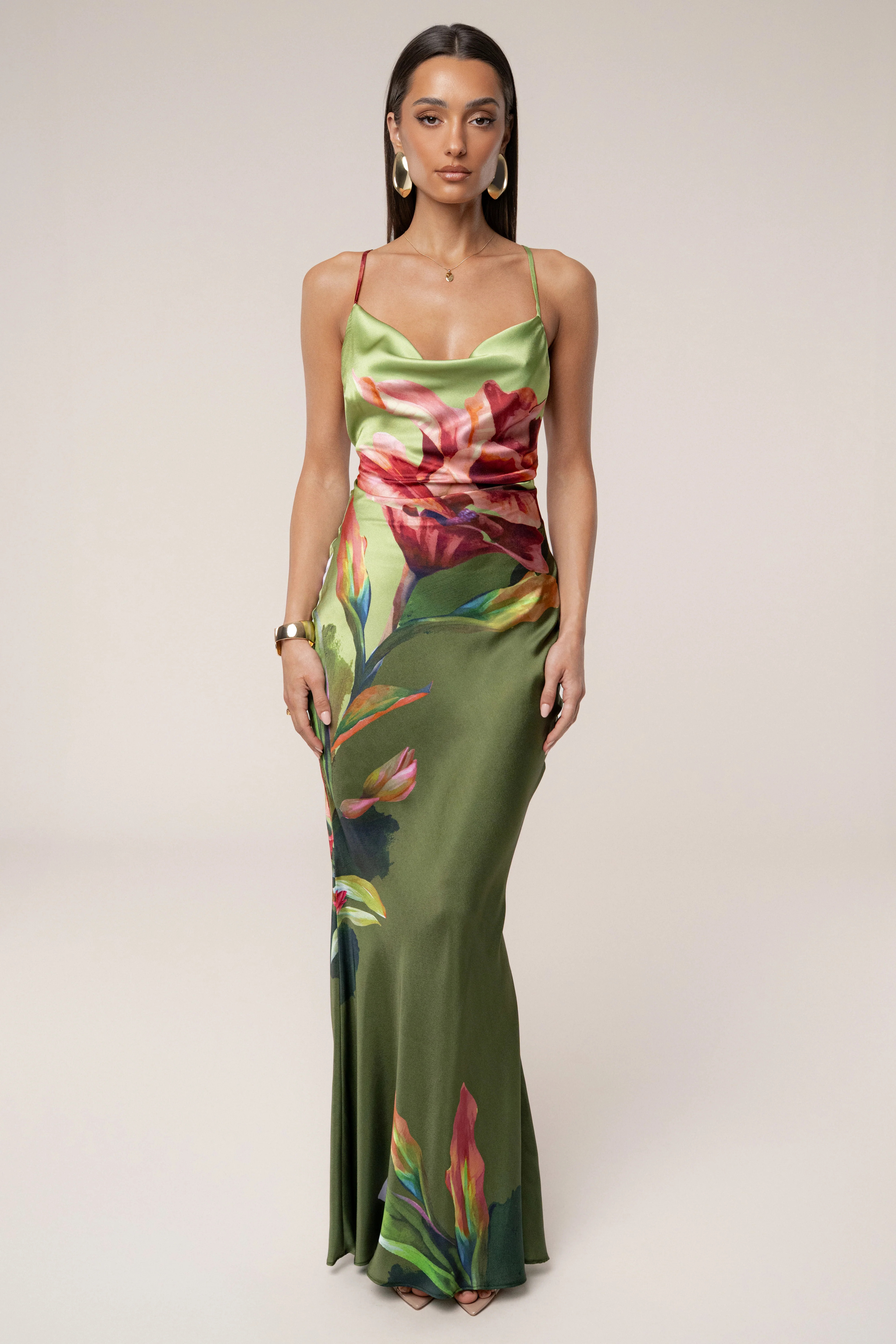 Green Satin Floral Print Maxi Dress | JLUXLABEL
