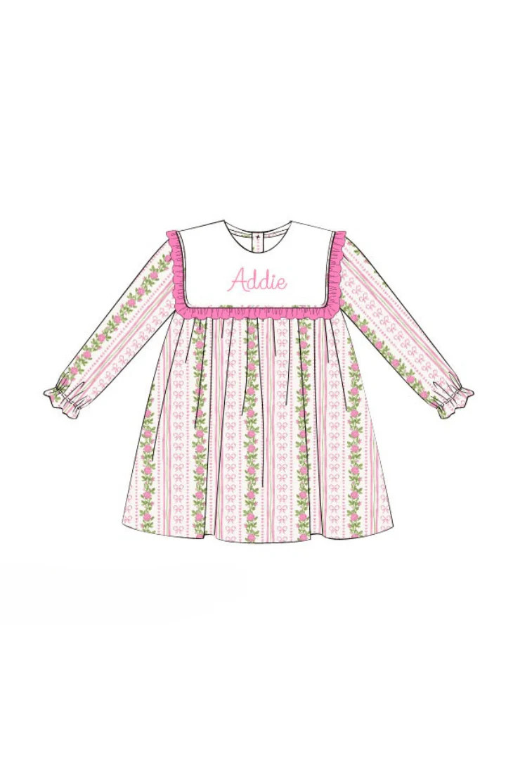 Pre-Order Custom Name Embroidered Fancy Pink Bow Dress | The Smocked Flamingo
