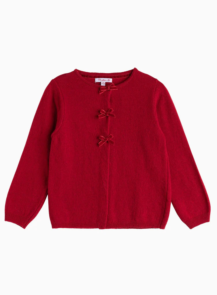 Crimson Velvet Bow Cardigan | Trotters Childrenswear