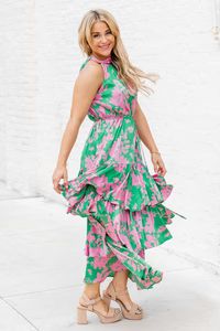 An Inspiration Green and Pink Printed Satin Halter Maxi Dress | Pink Lily