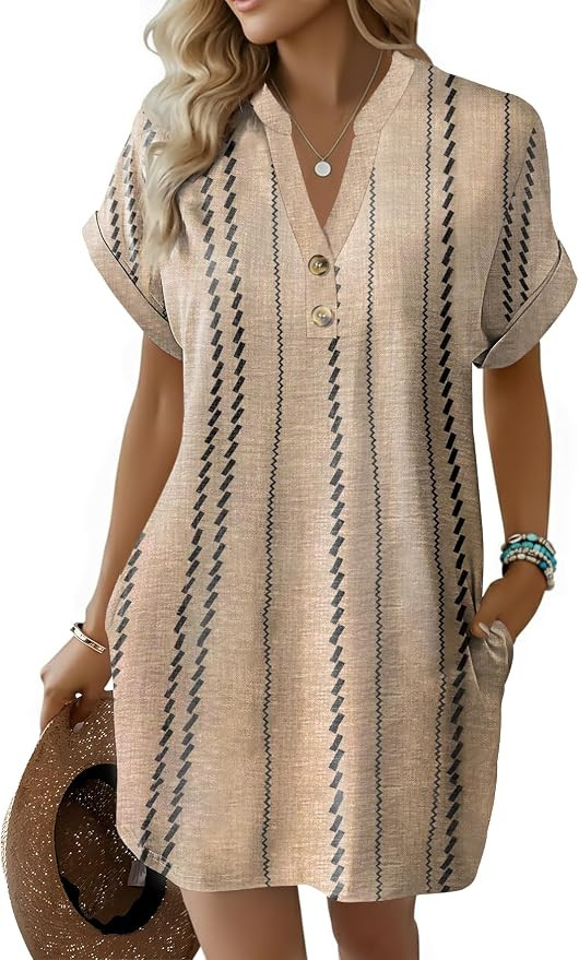 kipfall Summer Dresses for Women 2026 Button V Neck Striped T Shirts Dress Trendy Basic Outfits | Amazon (US)
