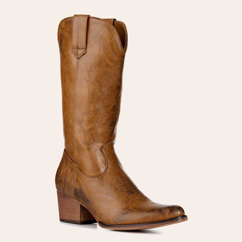 Roper Women's Nettie Vintage Brushed Tan Faux Leather Round Toe Cowboy Boots | Cavender's