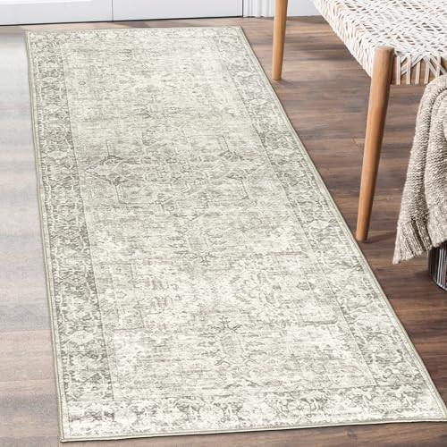 ReaLife Rugs Machine Washable Area Rug Runner - Living Room Bedroom Bathroom Kitchen Entryway Office - Padded Low Pile Stain Resistant Premium - Boho Farmhouse Vintage - Lyle - Beige Ivory 2'6" x 10' | Amazon (US)