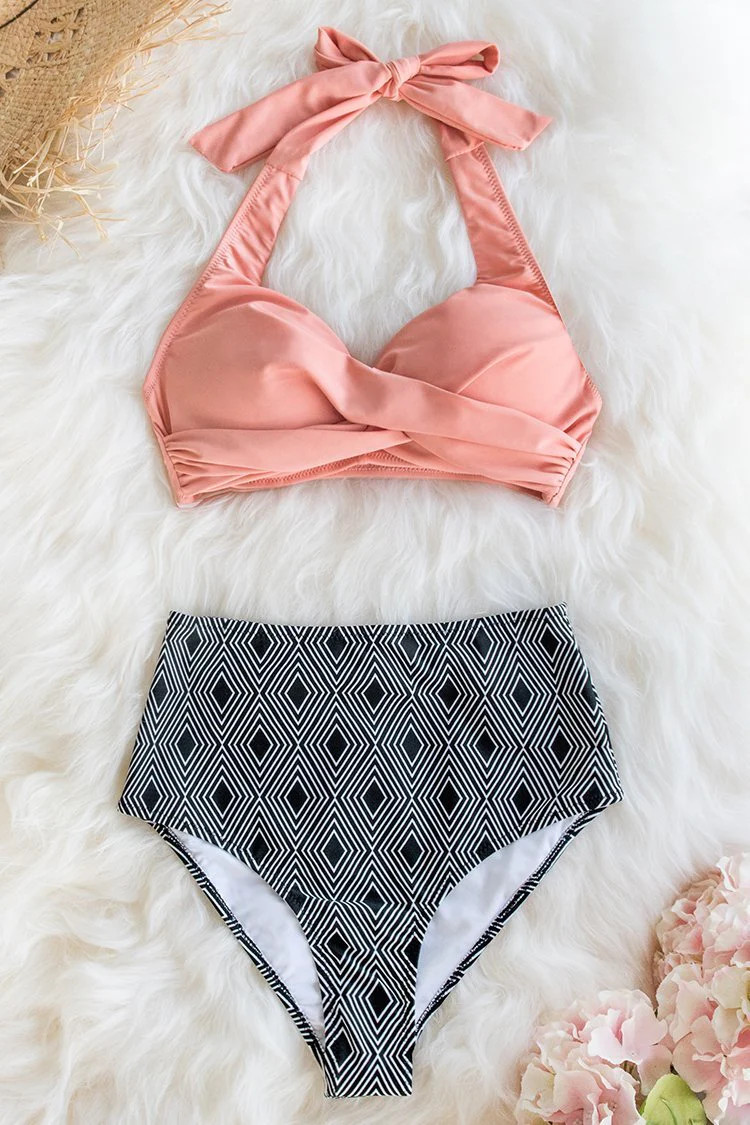 Pink Twisted Halter Bikini With Geometric Print High Waisted Bottom | Cupshe