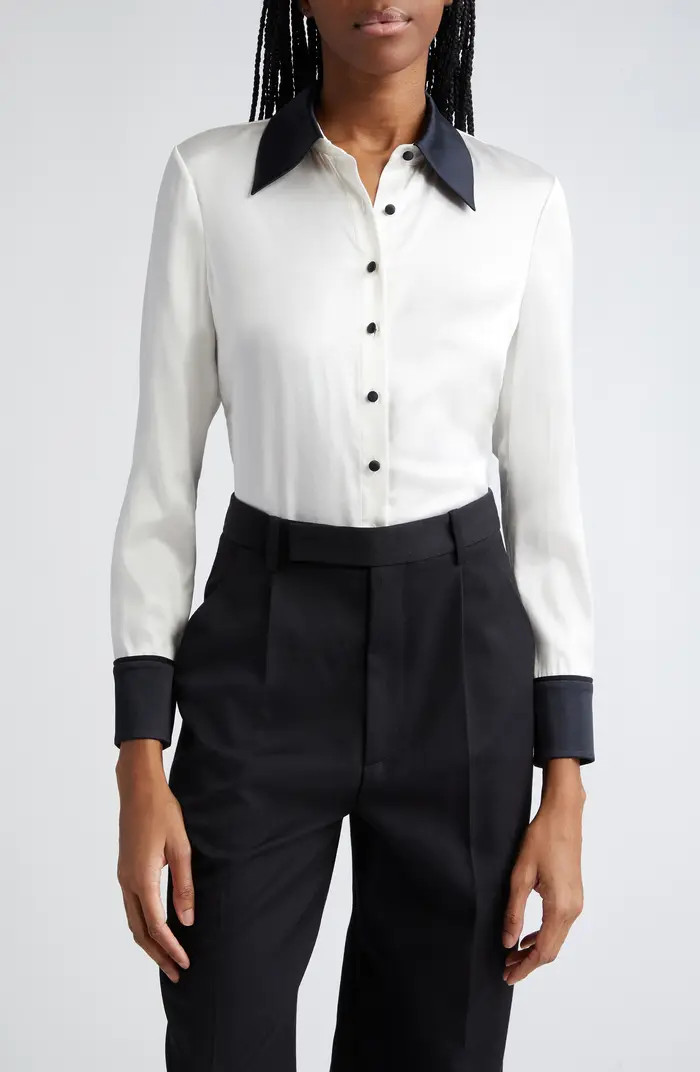 Willa Contrast Trim Stretch Silk Button-Up Shirt | Nordstrom